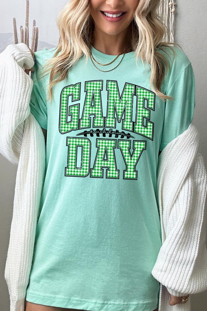 US3001-E3128 Green Gingham Game Day Graphic Tee $12.5