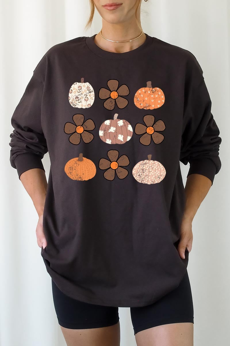 UL240P-E3117 Pumpkins & Flowers Fall Plus Long Sleeve Tee $17