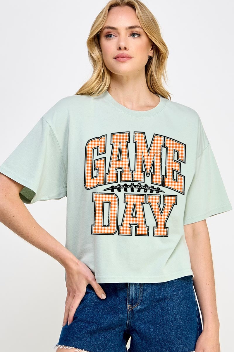 CTS-E3129 Orange Gingham Game Day Graphic Relaxed Crop Top $11