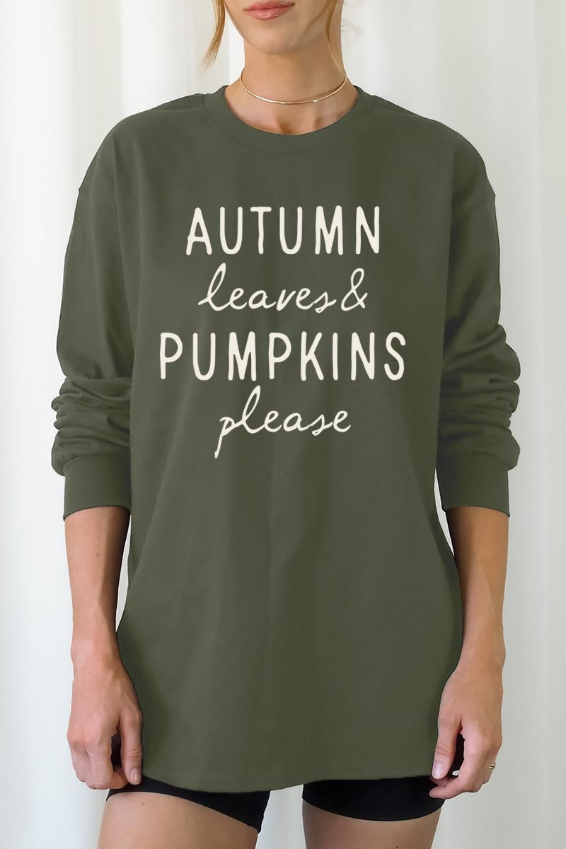 UL240-E3158 Autumn Leaves Pumpkins Graphic Long Sleeve Tee $13.75