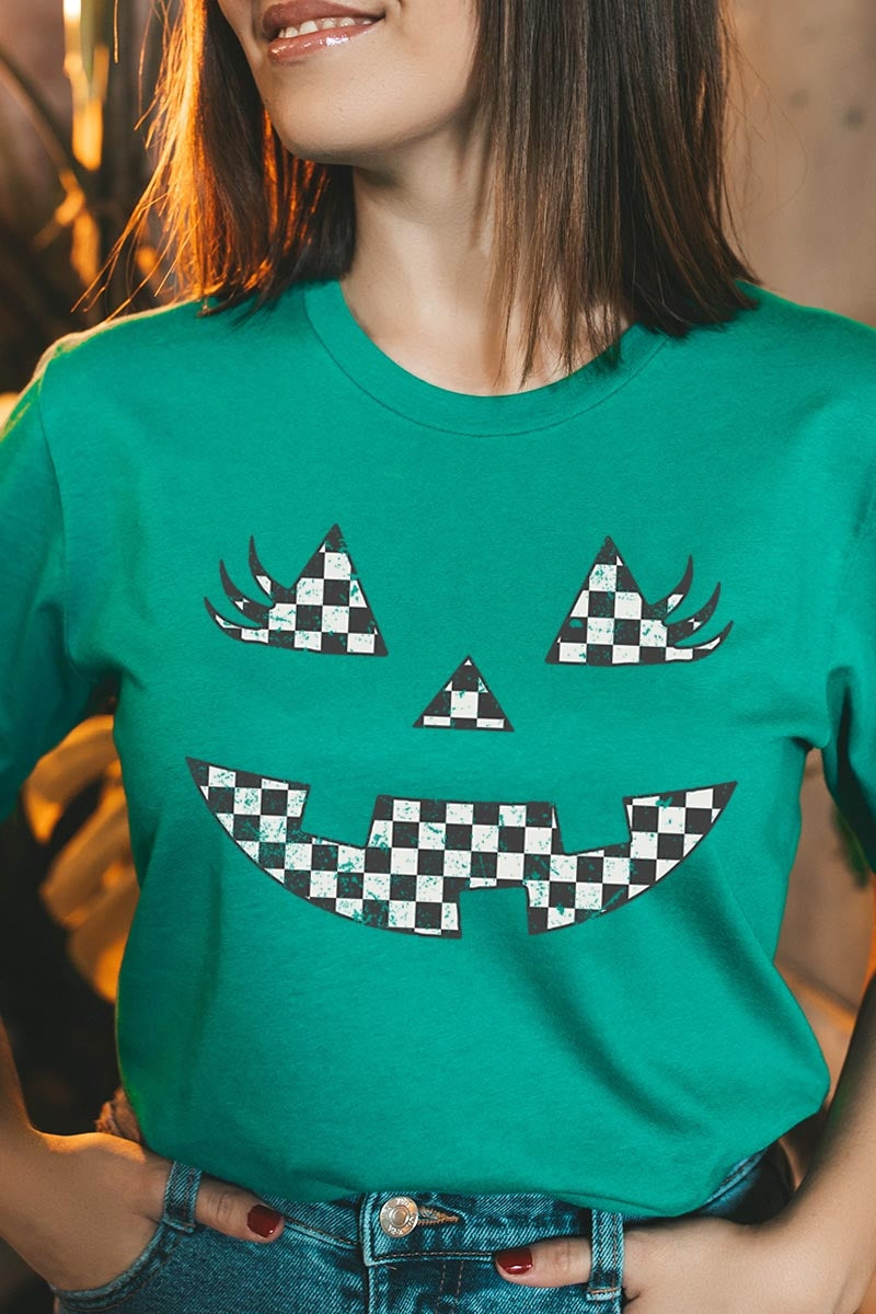 US3001-E3149 Checker Pumpkin Face Graphic Tee $12.5