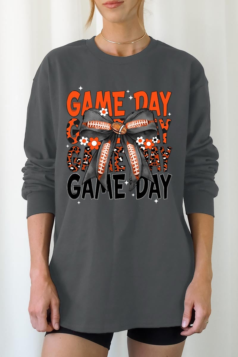 UL240-E3088 Orange Black Football Game Day Bow Long Sleeve Tee $13.75