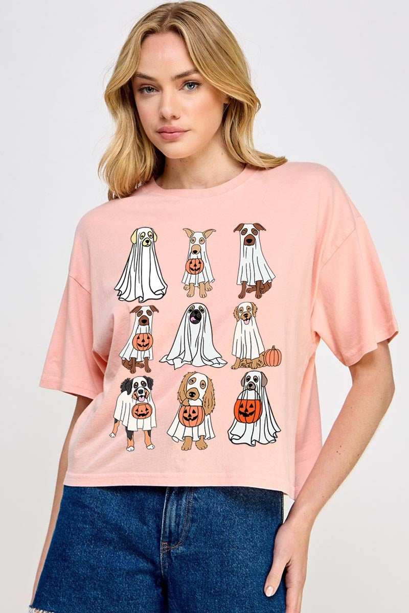 CTS-E3106 Halloween Ghost Dog Graphic Relaxed Crop Top $11