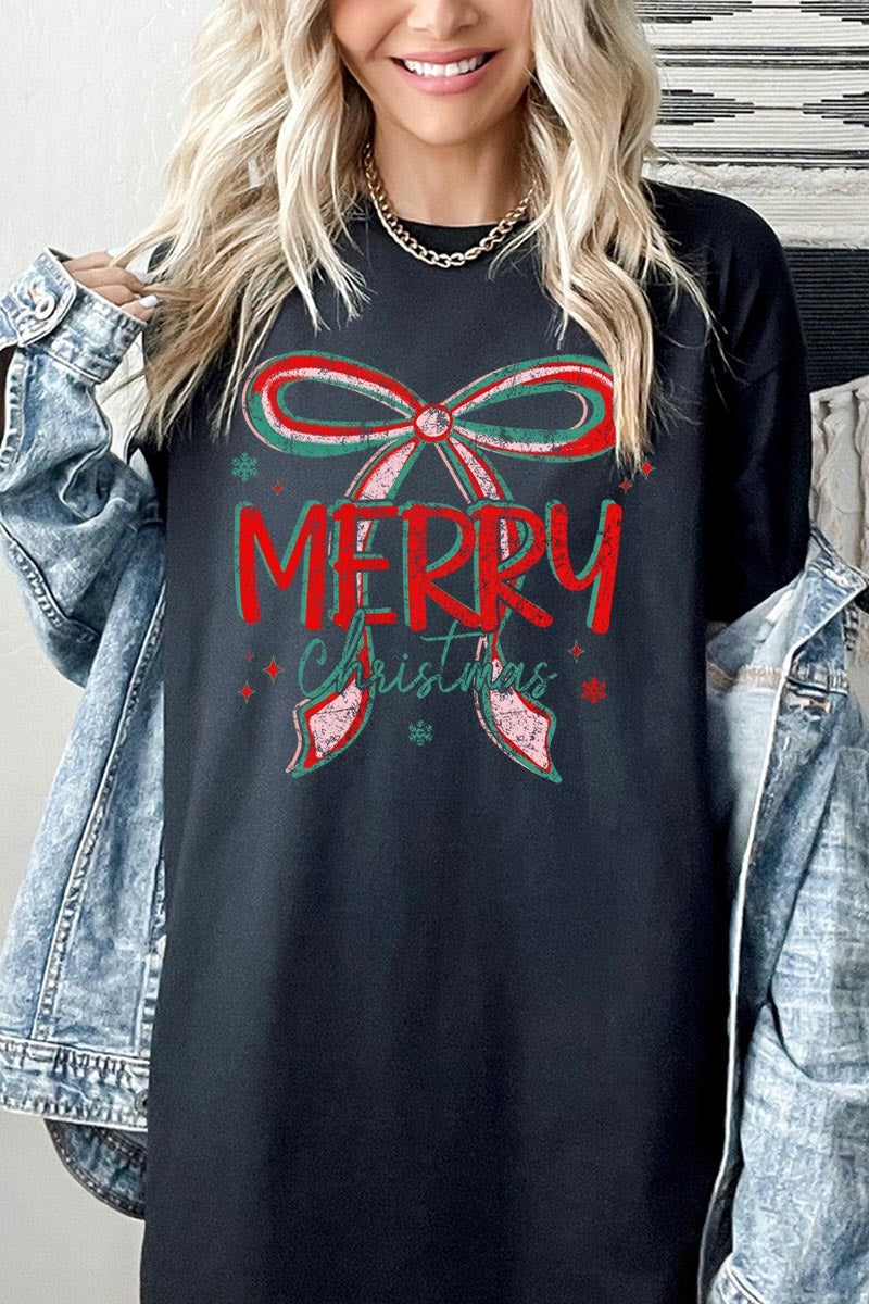 5000P-E3197 Merry Christmas Bow Graphic Plus Heavy Cotton Tee $12.75
