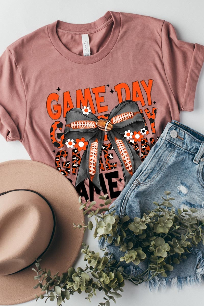 US3001P-E3088 Orange Black Football Game Day Bow Plus Tee $16