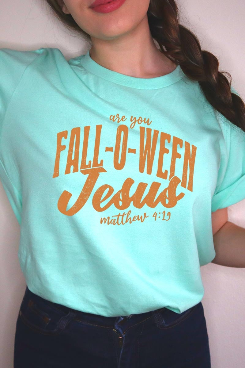 US3001P-E3143 Are You Fall O Ween Jesus Graphic Plus Tee $16