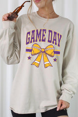 UL240-E3063 Purple Game Day Football Bow Long Sleeve Tee $13.75