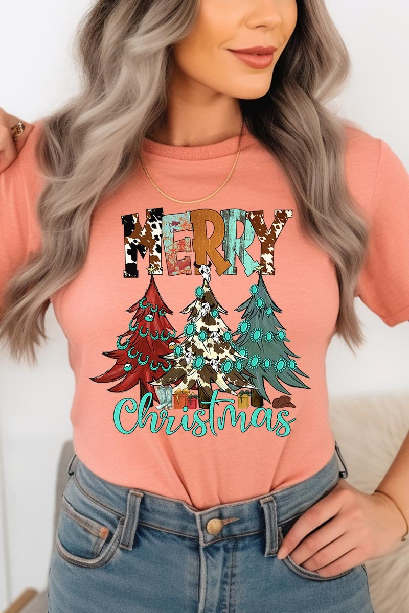 US3001P-E3200 Merry Christmas Trees Graphic Plus Tee $16