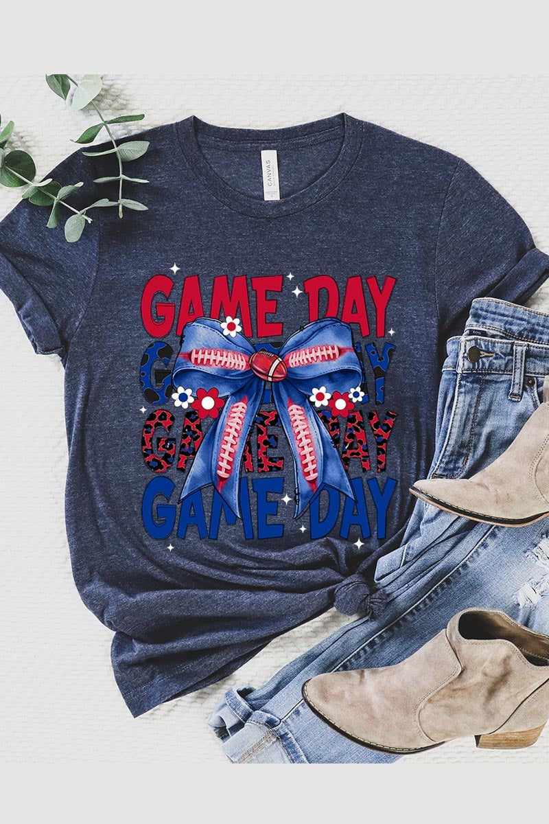 US3001P-E3087 Red Blue Football Game Day Bow Graphic Plus Tee $16