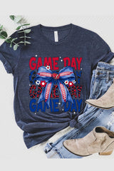 US3001-E3087 Red Blue Football Game Day Bow Graphic Tee $12.5