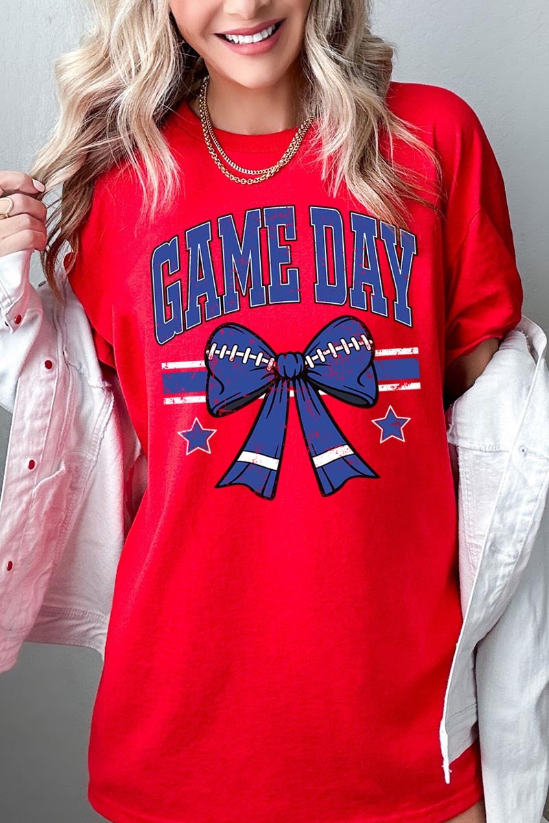 5000P-E3065 Blue Football Bow Graphic Plus Heavy Cotton Tee $12.75