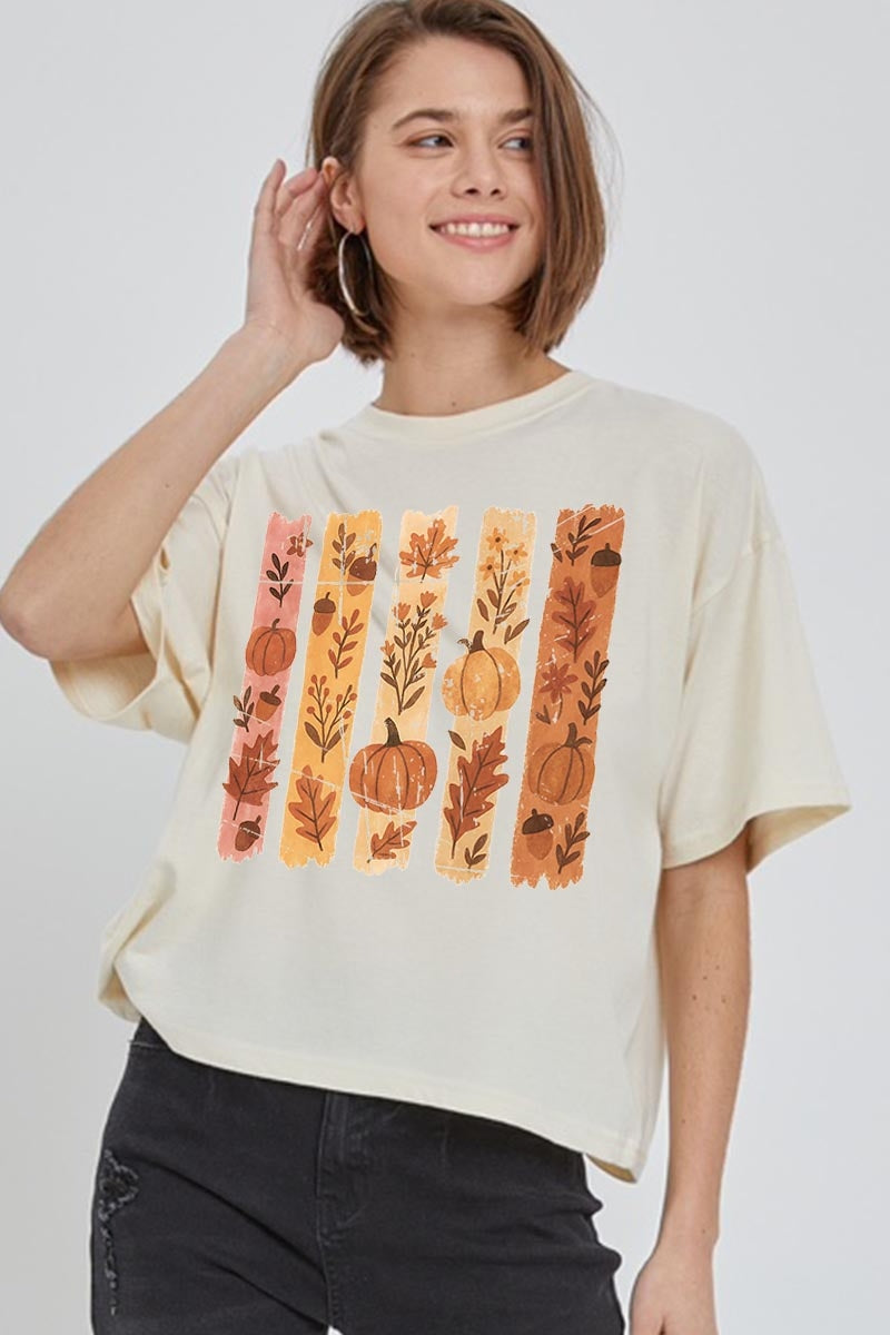 CTS-E3110 Brushstroke Boho Fall Graphic Relaxed Crop Top $11