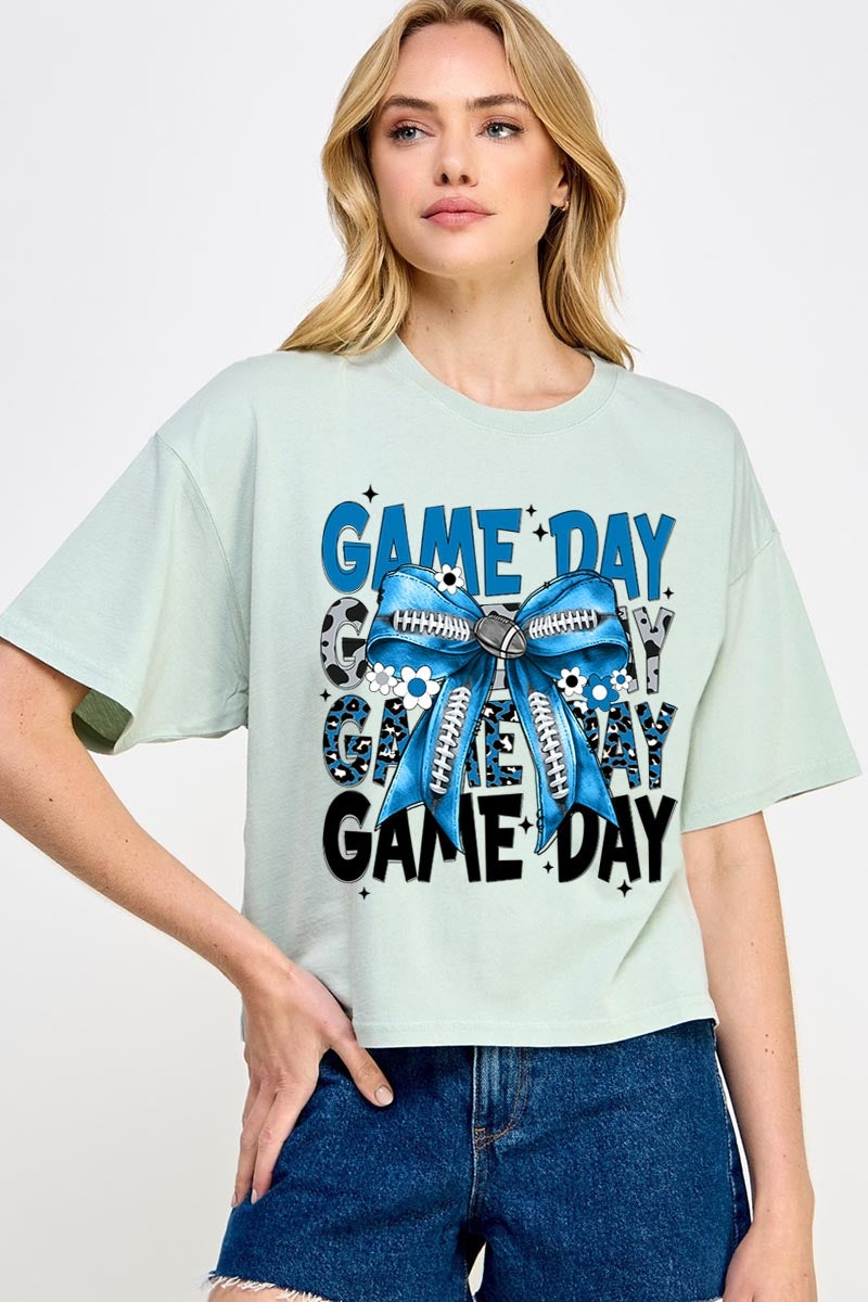 CTS-E3089 Blue Silver Football Game Day Bow Relaxed Crop Top $11