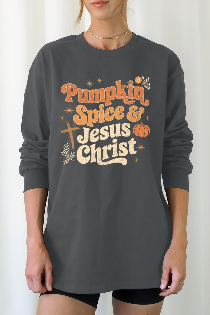 UL240P-E3164 Pumpkin Spice & Jesus Graphic Plus Long Sleeve Tee $17