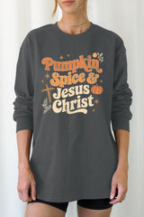 UL240-E3164 Pumpkin Spice & Jesus Graphic Long Sleeve Tee $13.75