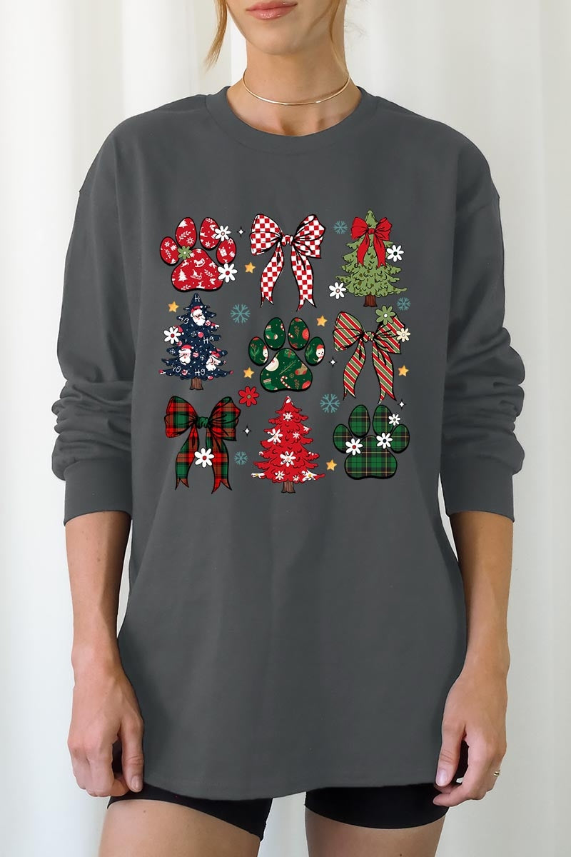 UL240P-E3195 Christmas Bow Paw Graphic Plus Long Sleeve Tee $17