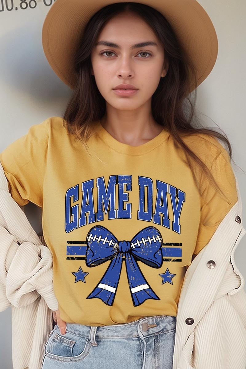 US3001P-E3065 Blue Game Day Football Bow Graphic Plus Tee $16