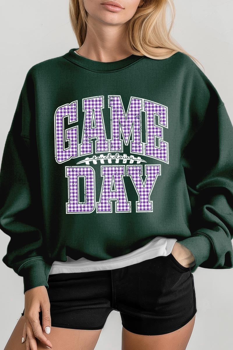 UL180P-E3127 Purple Gingham Game Day Graphic Plus Sweatshirt $25