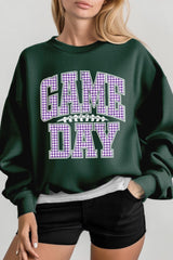UL180P-E3127 Purple Gingham Game Day Graphic Plus Sweatshirt $25