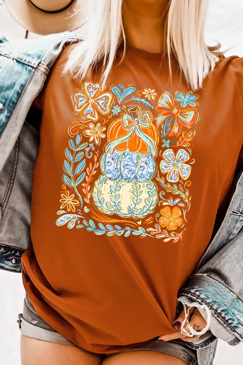 US3001-E3153 Floral Pumpkin Stack Graphic Tee $12.5