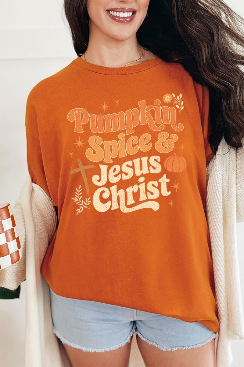 5000P-E3164 Pumpkin Spice & Jesus Graphic Plus Heavy Cotton Tee $12.75