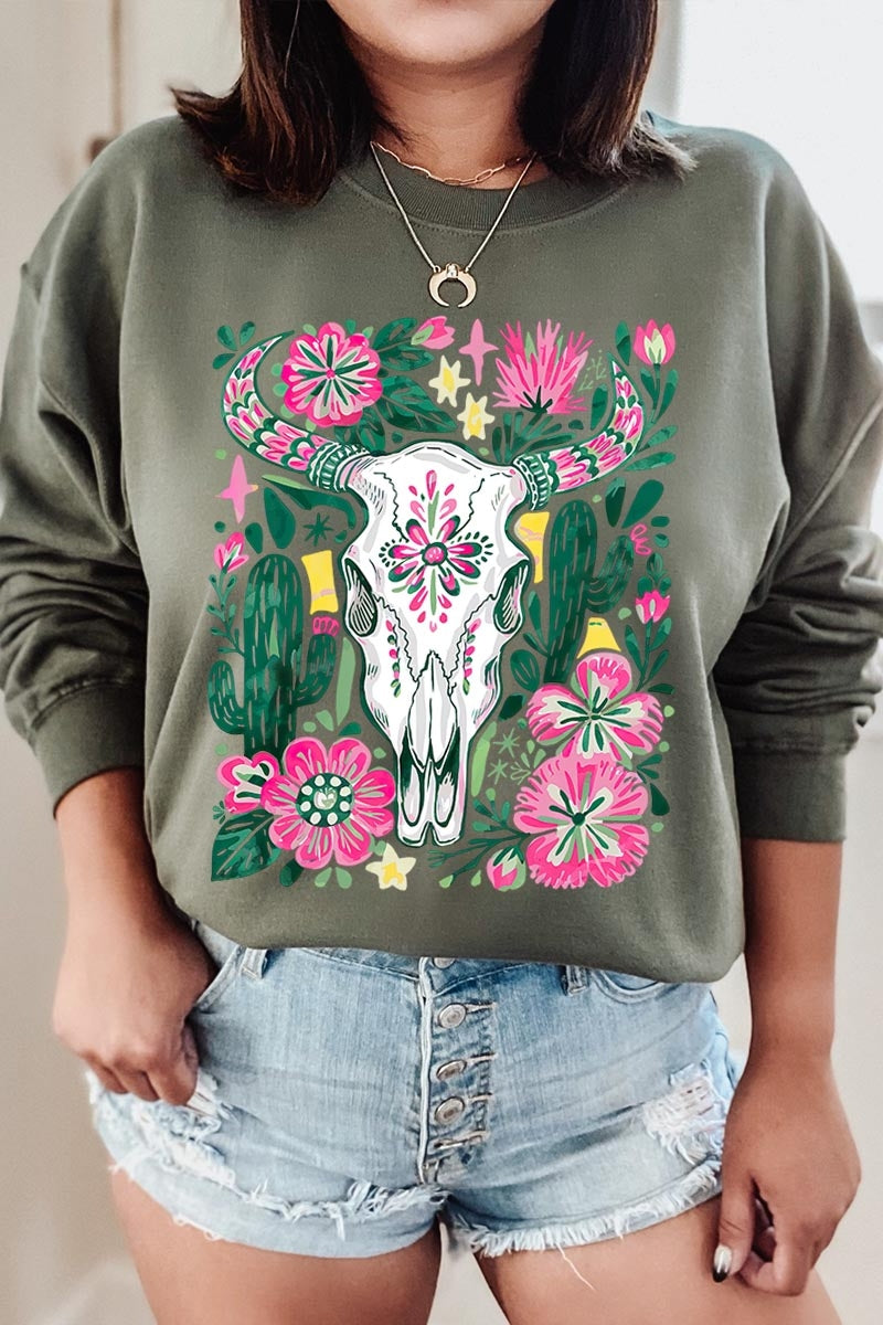 UL180-E3086 Western Floral Cow Skull Graphic Sweatshirt $20