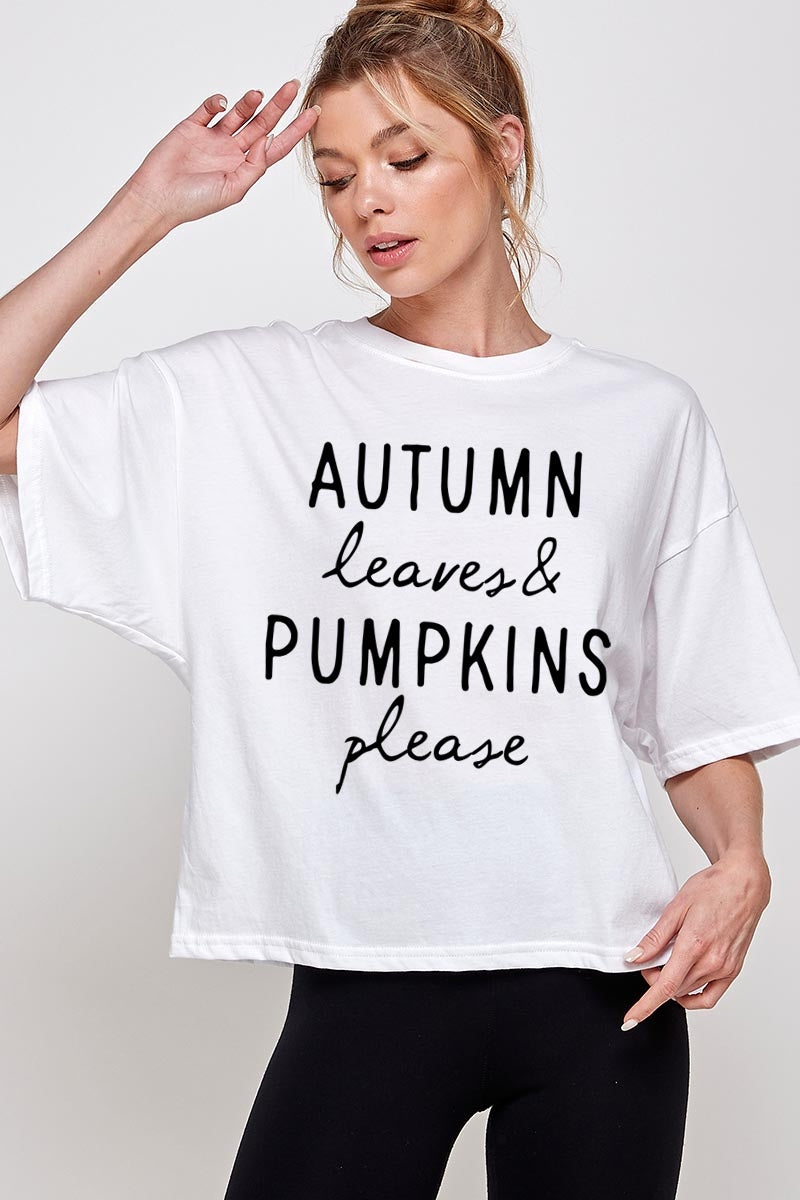 CTS-E3158 Autumn Leaves Pumpkins Graphic Relaxed Crop Top $11