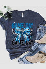 US3001-E3089 Blue Silver Football Game Day Bow Graphic Tee $12.5