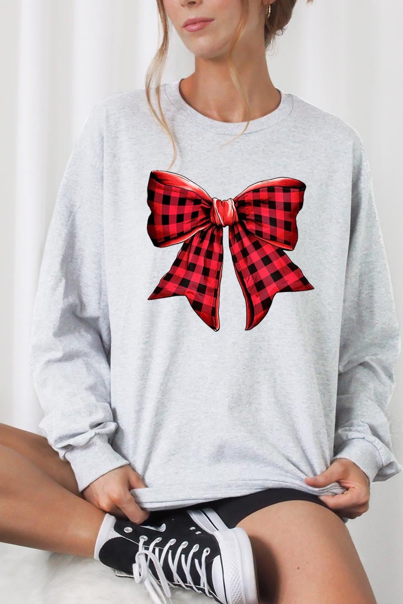 UL240P-E3198 Red Buffalo Plaid Bow Graphic Plus Long Sleeve Tee $17