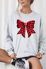 UL240P-E3198 Red Buffalo Plaid Bow Graphic Plus Long Sleeve Tee $17