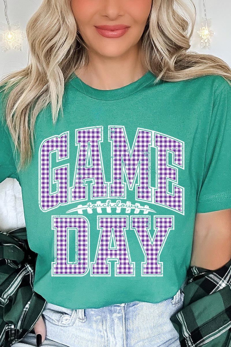 US3001-E3127 Purple Gingham Game Day Graphic Tee $12.5