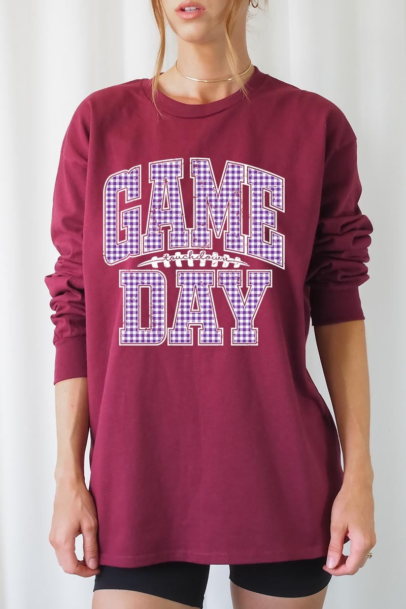UL240P-E3127 Purple Gingham Game Day Plus Long Sleeve Tee $17