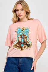 CTS-E3184 Turquoise Christmas Tree Graphic Relaxed Crop Top $11