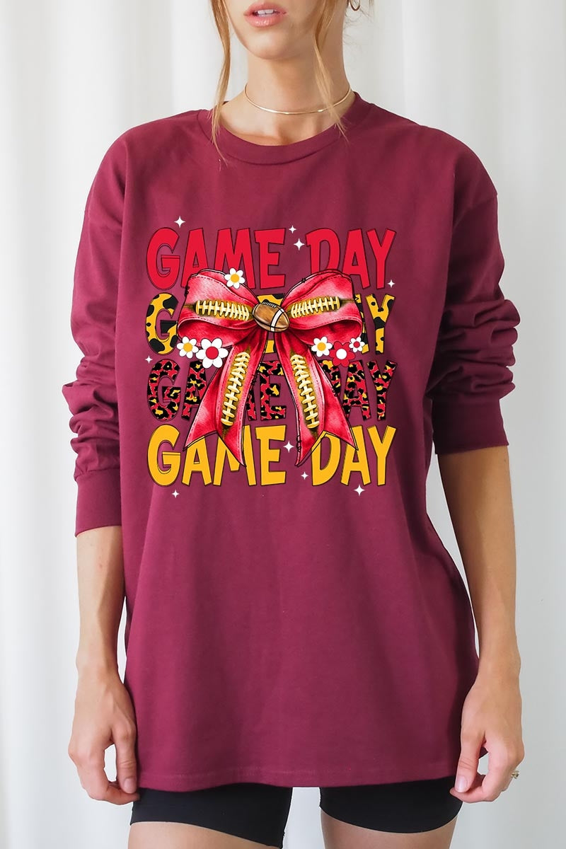 UL240-E3091 Red Yellow Football Game Day Bow Long Sleeve Tee $13.75