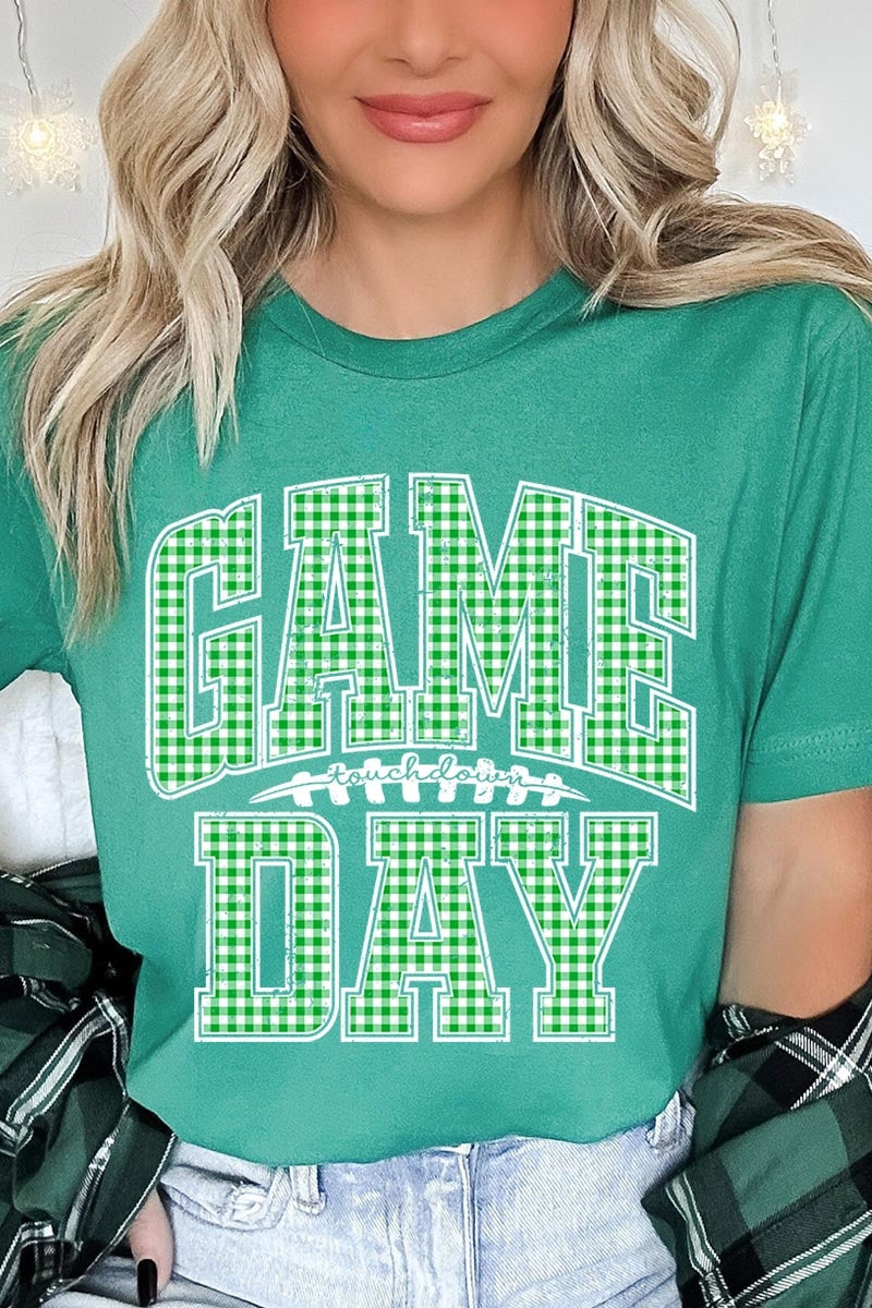 US3001P-E3128 Green Gingham Game Day Graphic Plus Tee $16