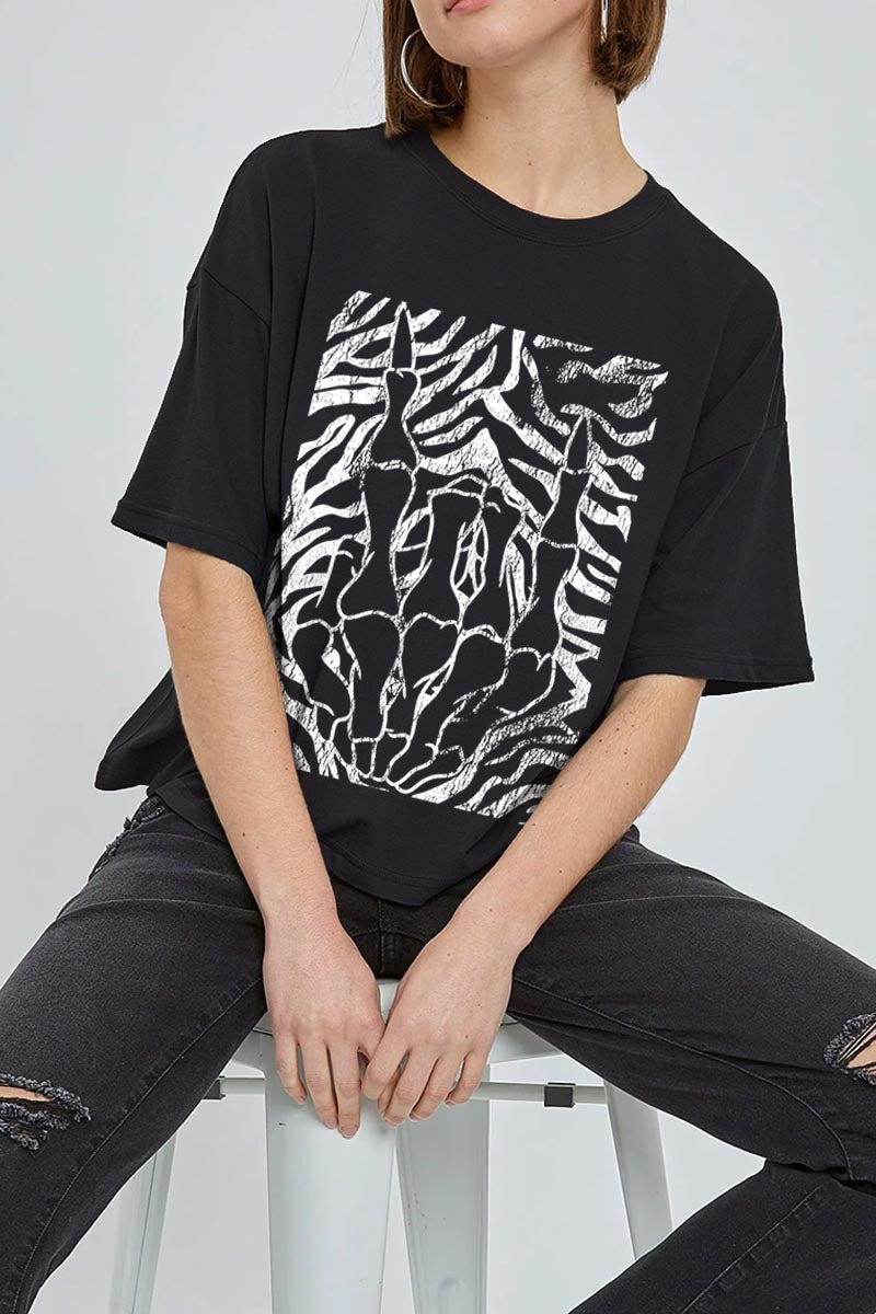 CTS-E3177 Skeleton Hands Zebra Graphic Relaxed Crop Top $11