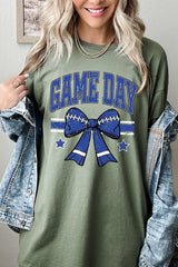 5000-E3065 Blue Football Bow Graphic Heavy Cotton Tee $9