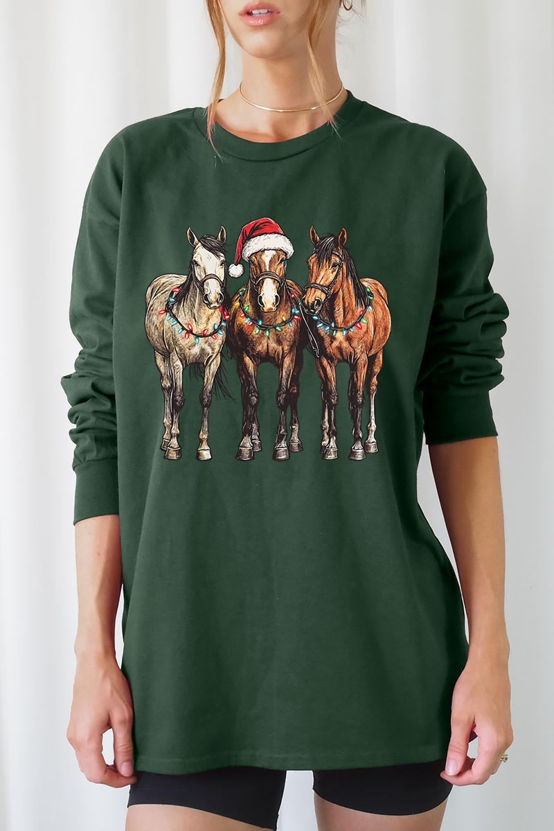 UL240-E3182 Christmas Horses Graphic Long Sleeve Tee $13.75