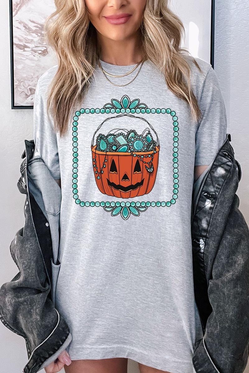 US3001-E3140 Halloween turquoise pumpkin Graphic Tee $12.5