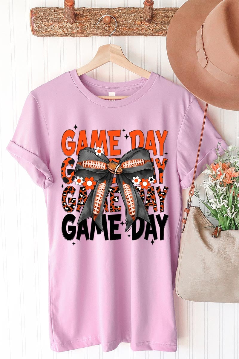 US3001P-E3088 Orange Black Football Game Day Bow Plus Tee $16