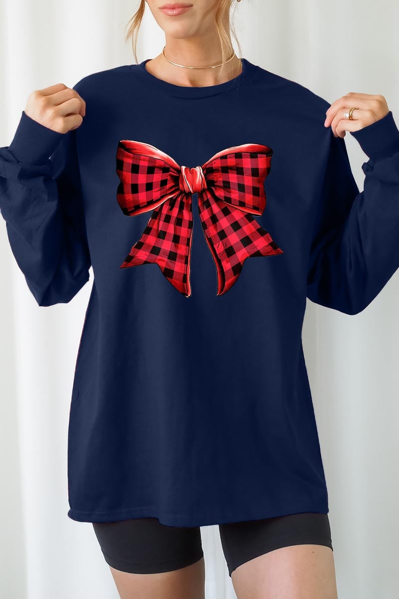 UL240P-E3198 Red Buffalo Plaid Bow Graphic Plus Long Sleeve Tee $17