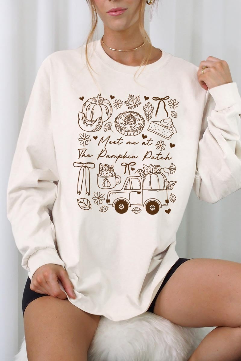 UL240P-E3163 Pumpkin Patch Doodle Graphic Plus Long Sleeve Tee $17