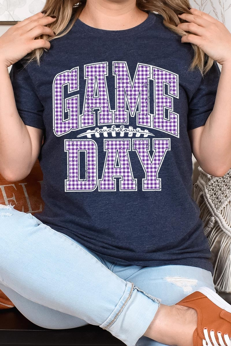 US3001P-E3127 Purple Gingham Game Day Graphic Plus Tee $16