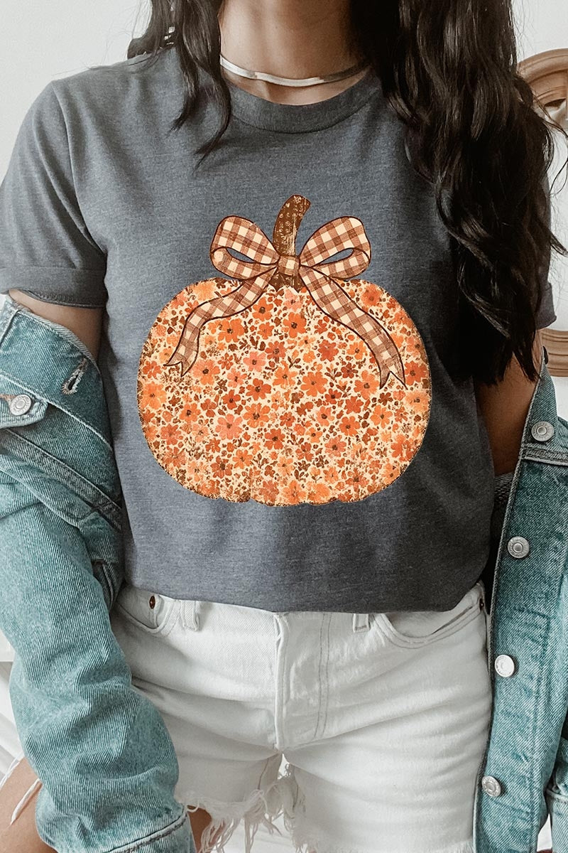 US3001-E3135 Floral Fall Pumpkin Graphic Tee $12.5