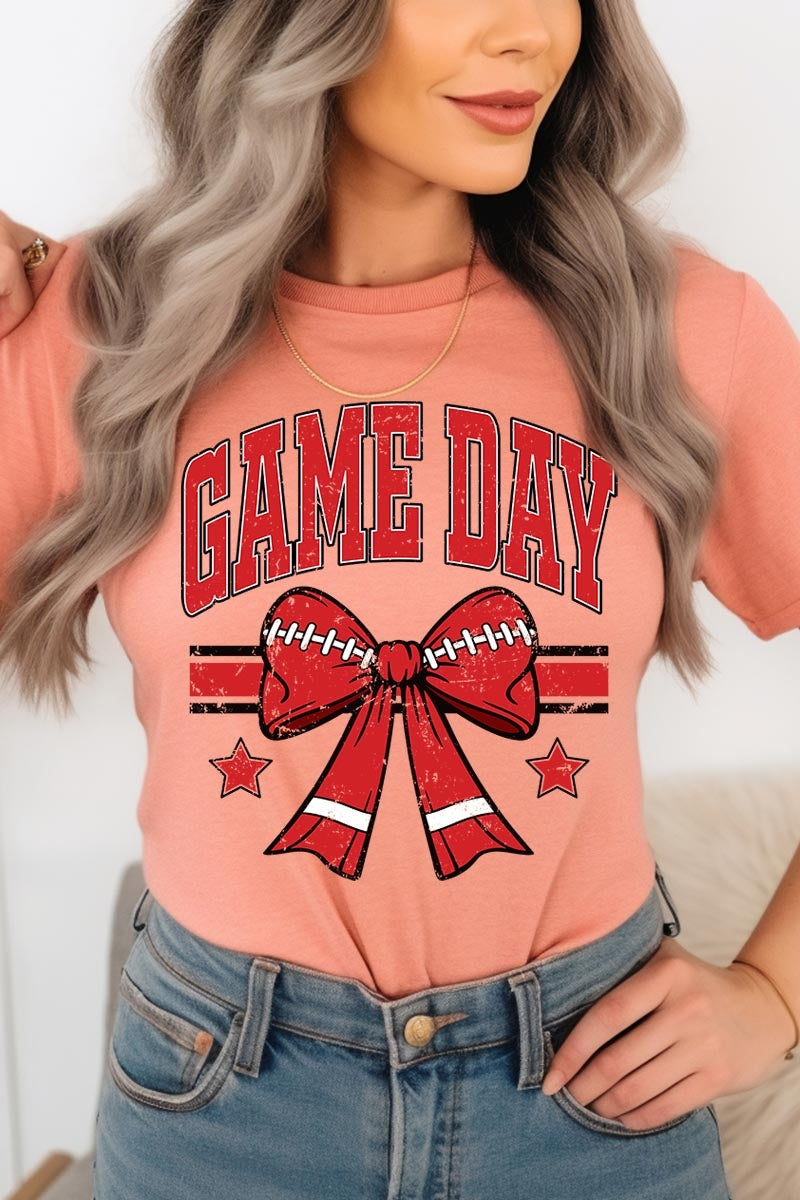US3001-E3062 Red Game Day Football Bow Graphic Tee $12.5