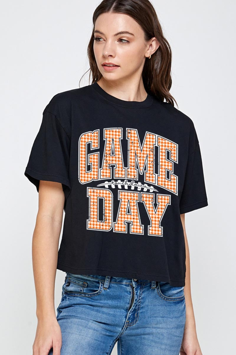 CTS-E3129 Orange Gingham Game Day Graphic Relaxed Crop Top $11