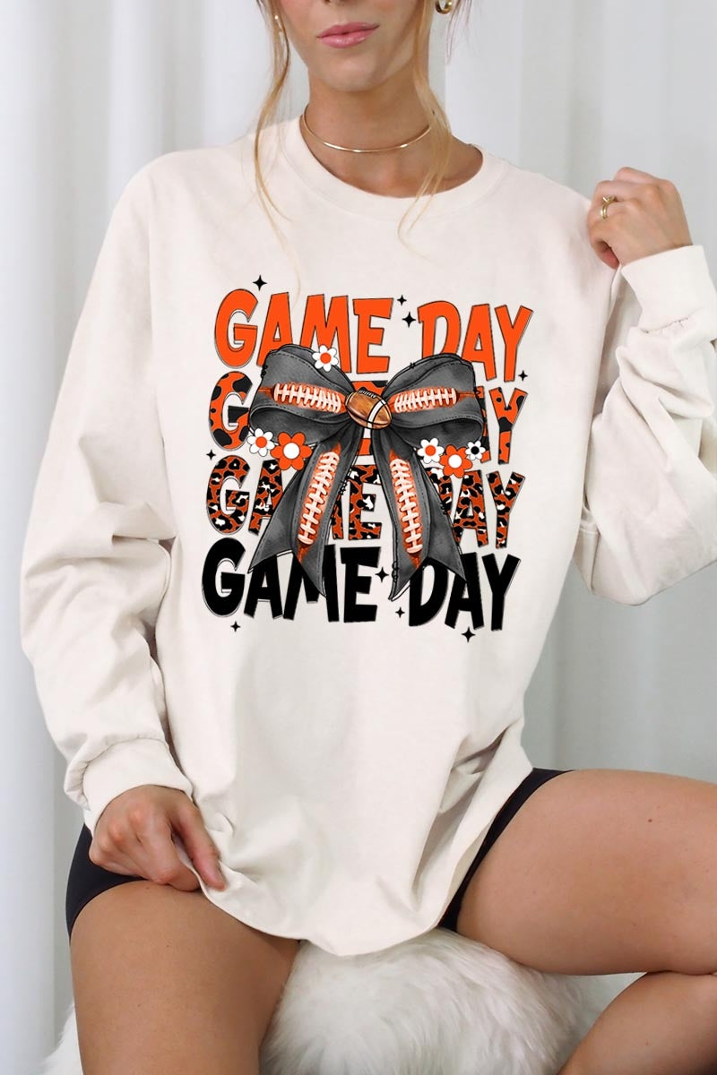 UL240-E3088 Orange Black Football Game Day Bow Long Sleeve Tee $13.75