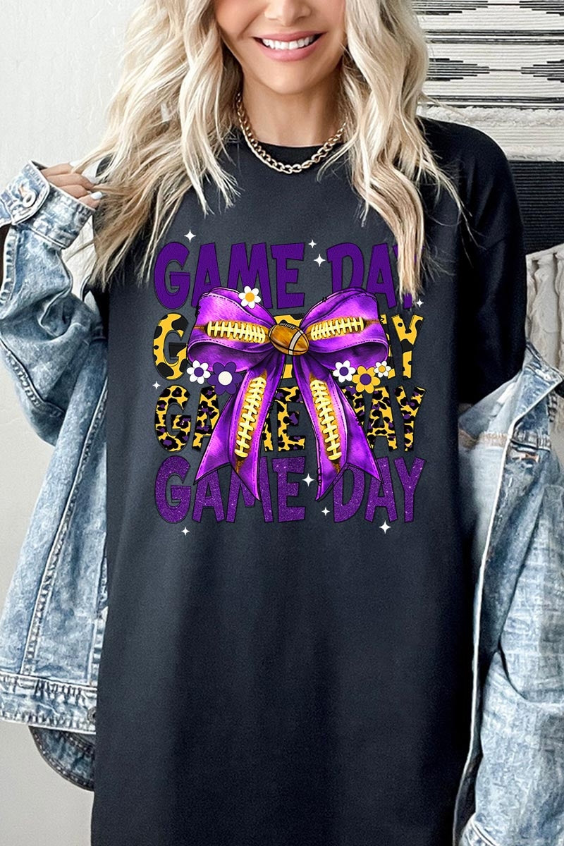 5000-E3092 Purple Football Game Day Bow Heavy Cotton Tee $9