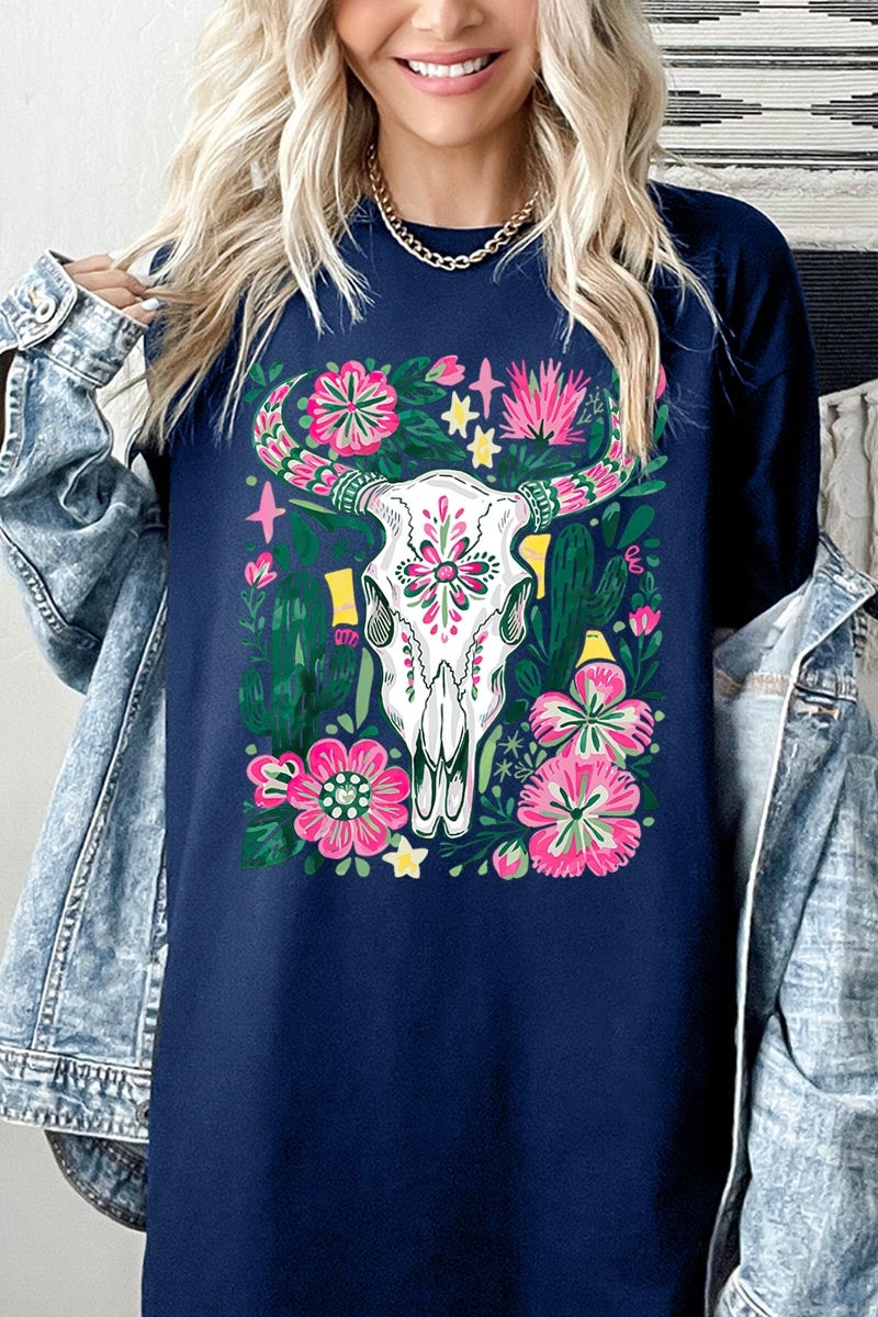 5000P-E3086 Western Floral Cow Skull Plus Heavy Cotton Tee $12.75