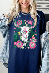 5000P-E3086 Western Floral Cow Skull Plus Heavy Cotton Tee $12.75